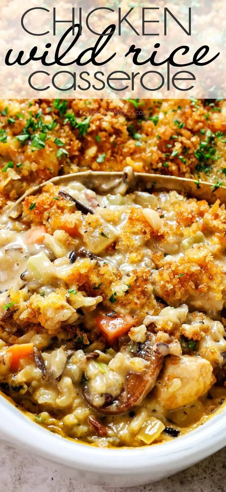 Creamy chicken and wild rice casserole served in a bowl