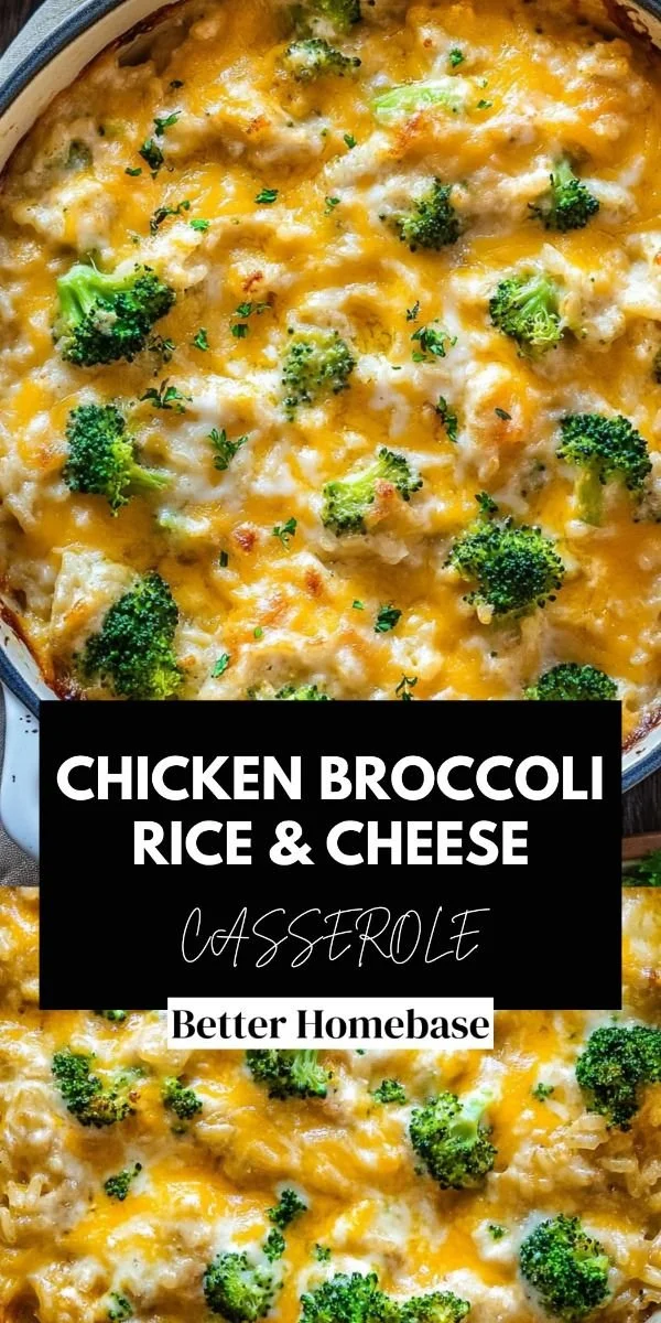 Creamy chicken broccoli rice cheese casserole in a baking dish
