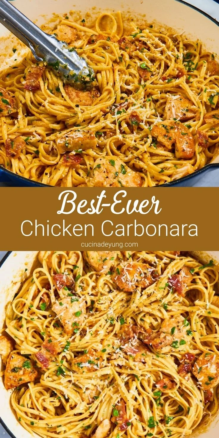 Creamy Chicken Carbonara with turkey bacon and Parmesan cheese