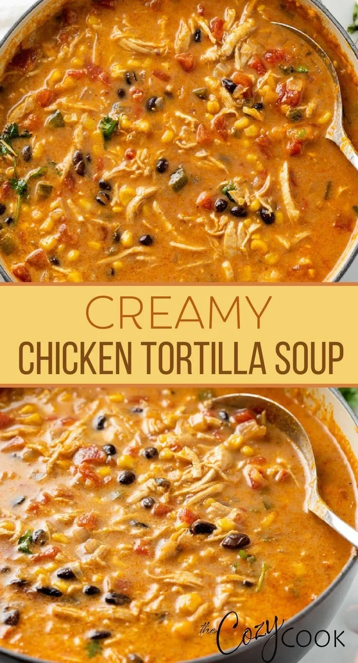 Bowl of creamy chicken tortilla soup with toppings like avocado and tortilla strips