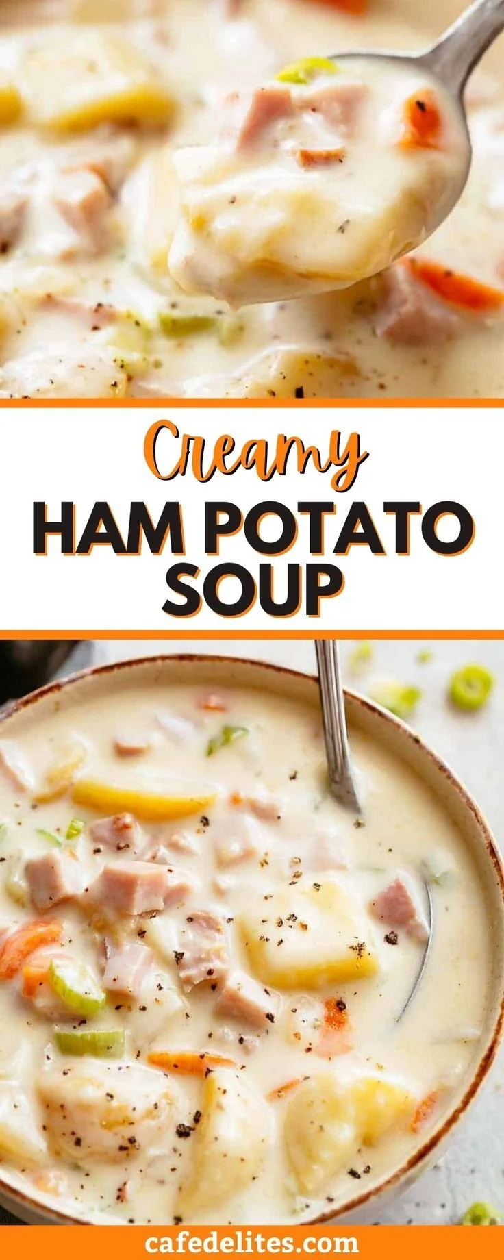 Bowl of creamy ham potato soup garnished with parsley and served with bread.
