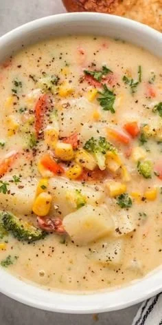 A bowl of creamy homemade vegetable soup filled with colorful veggies and potatoes.