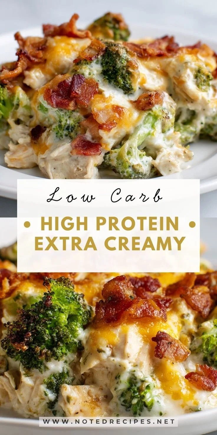Creamy low carb chicken casserole with vegetables and cheese in a baking dish