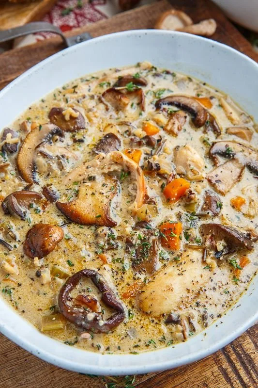 Creamy mushroom chicken soup with wild rice in a bowl