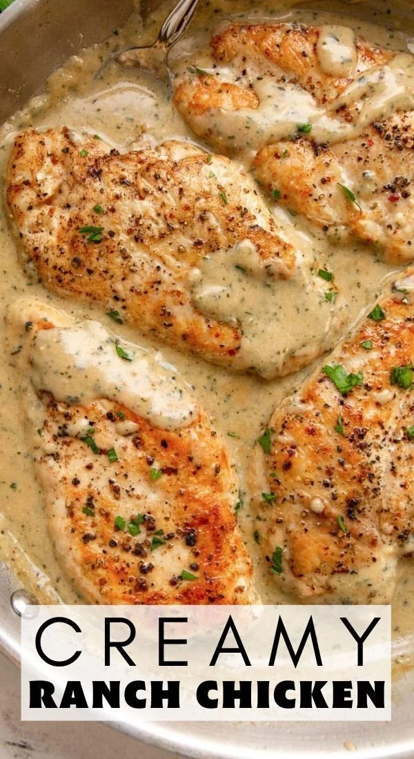 Creamy ranch chicken dish served on a plate with herbs and garnishes.