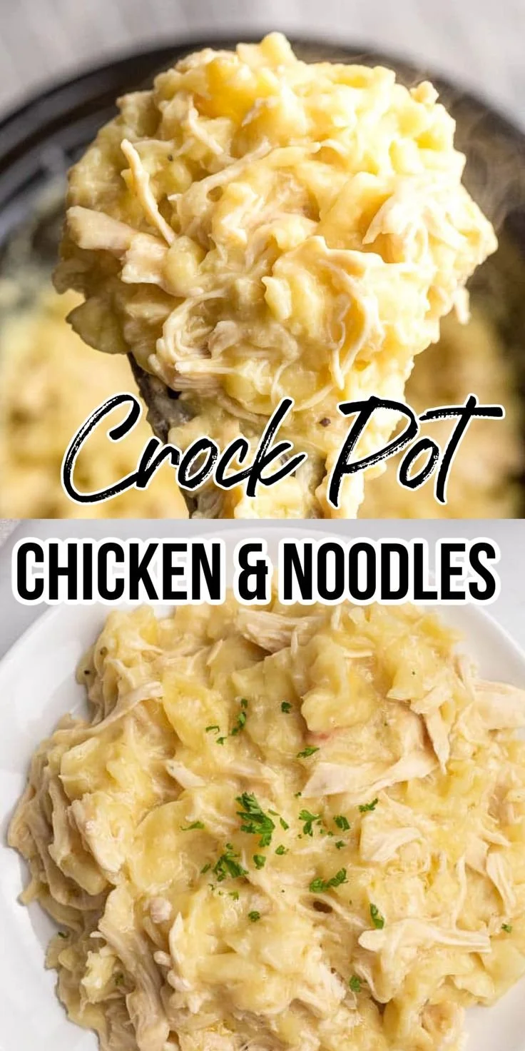 Delicious crock pot chicken and noodles served in a bowl.