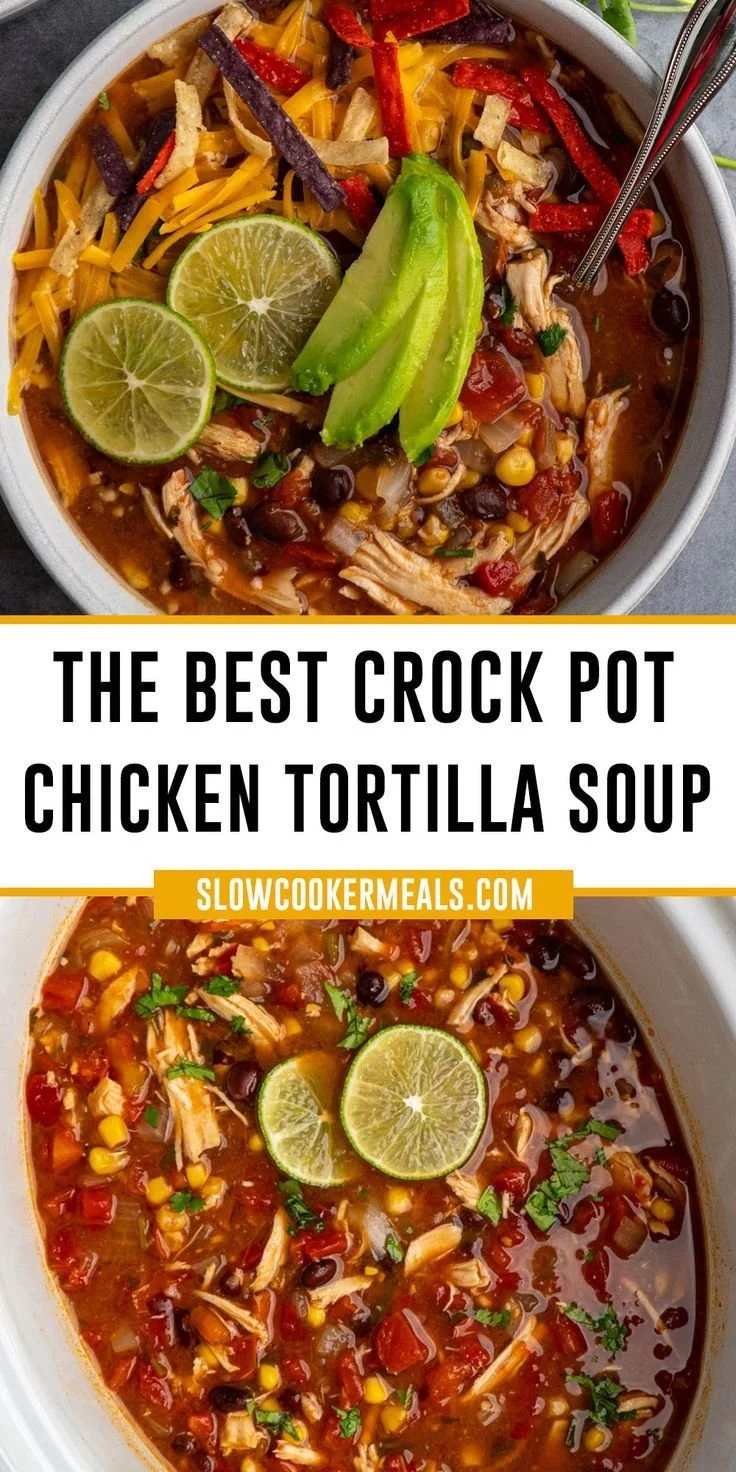 Crock Pot Chicken Tortilla Soup in a bowl garnished with cilantro and tortilla strips.
