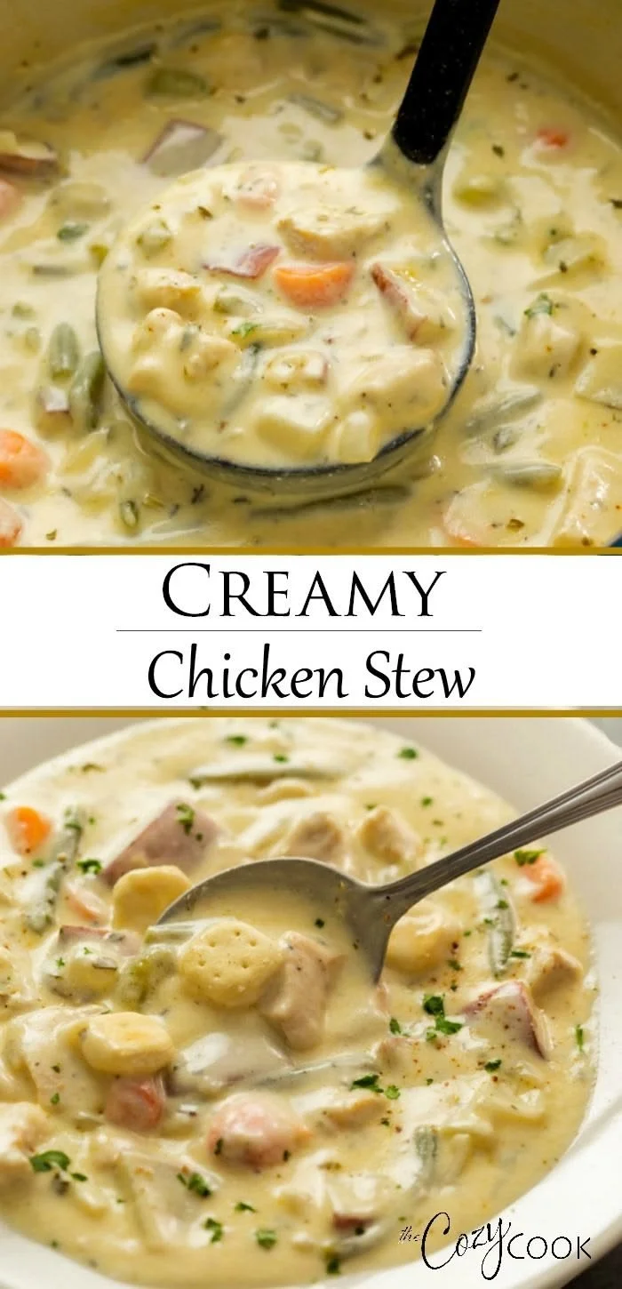 Bowl of creamy chicken stew made in a Crock Pot, garnished with herbs.