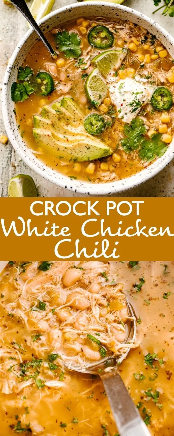 Crock Pot white chicken chili served in a bowl with fresh cilantro and toppings
