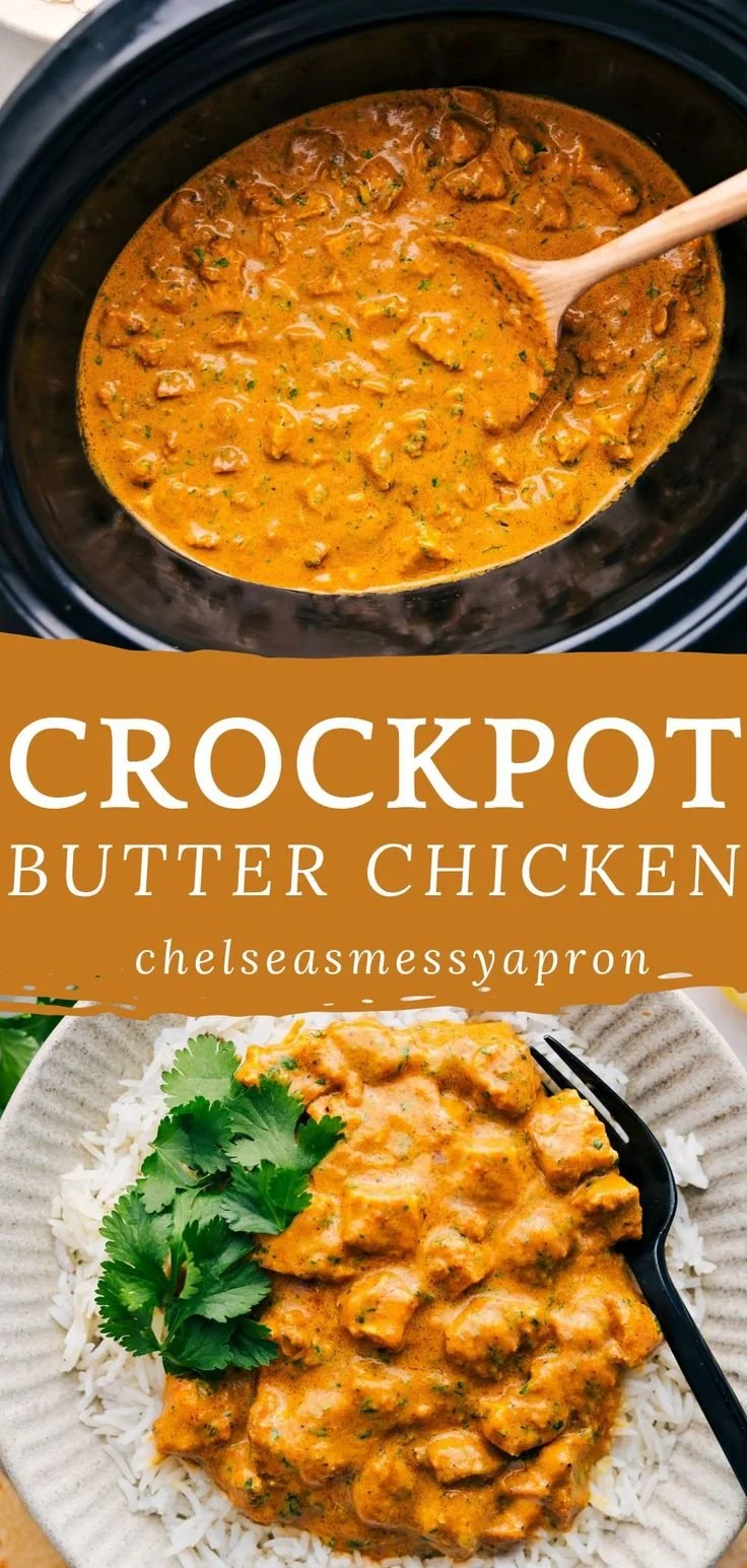 Delicious crockpot butter chicken served in a bowl with rice and herbs