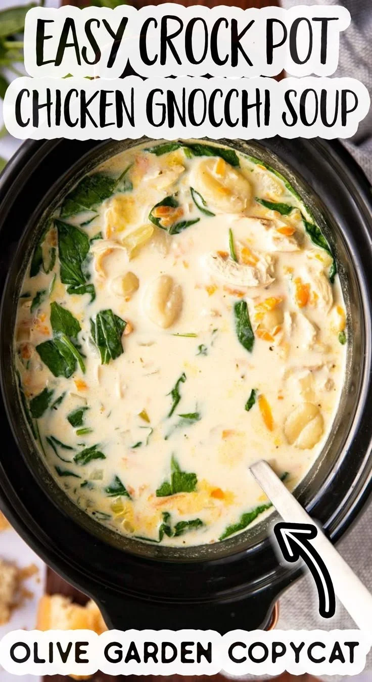Crockpot Chicken Gnocchi Soup garnished with herbs in a rustic bowl