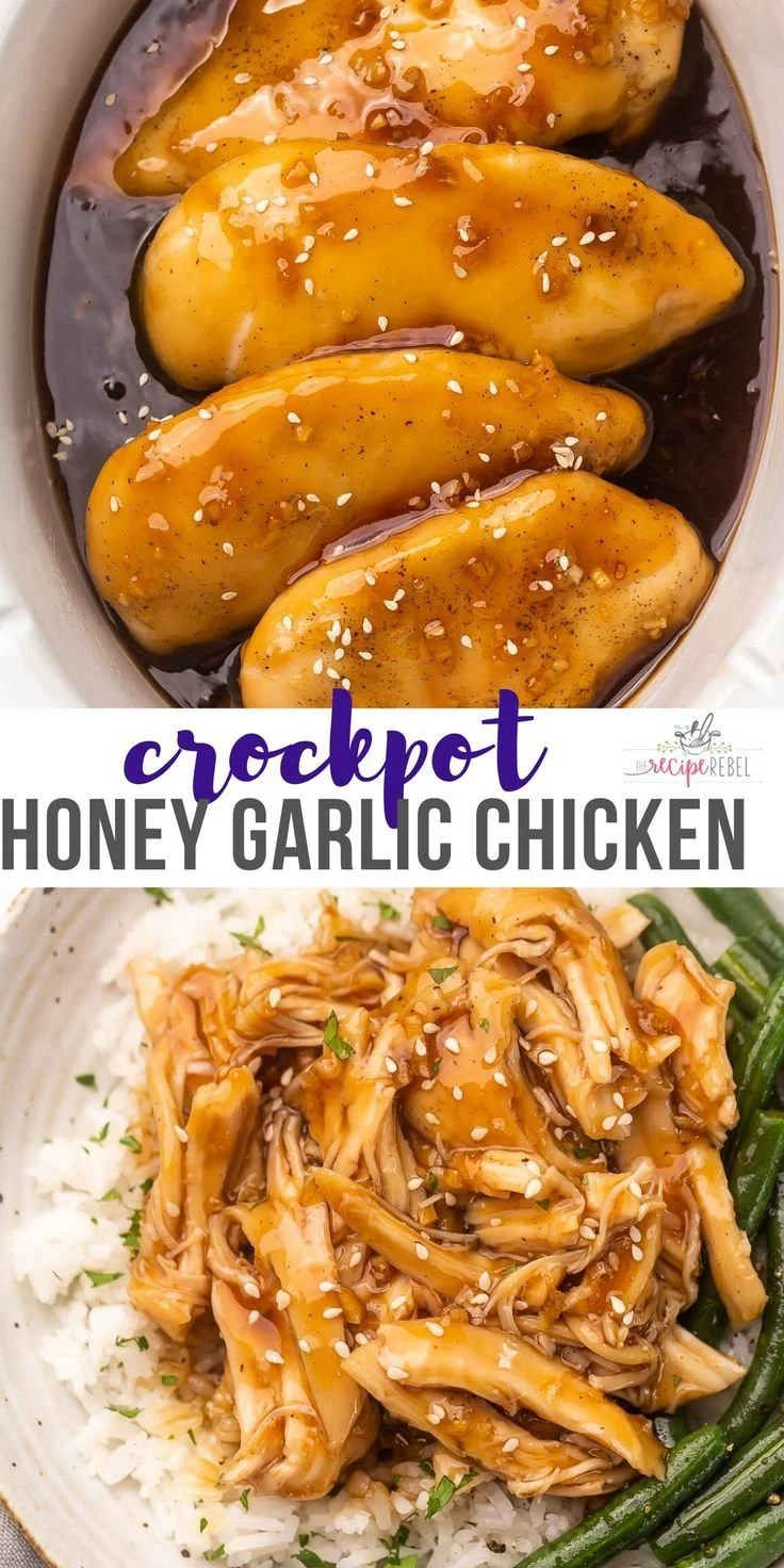 Crockpot Honey Garlic Chicken served with rice and vegetables