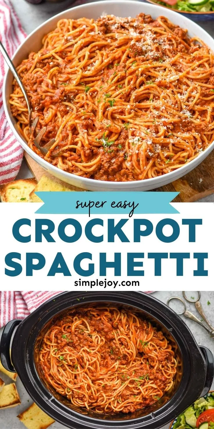 Delicious crockpot spaghetti served in a bowl with herbs and cheese.
