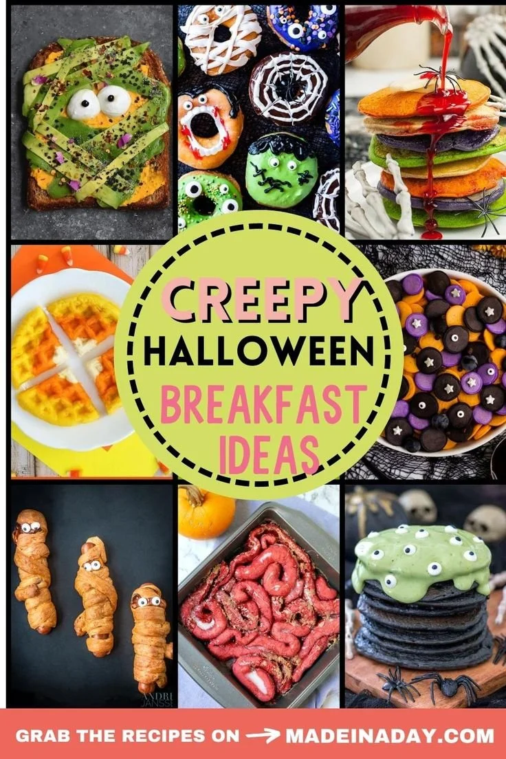 Cute and spooky Halloween breakfast ideas featuring festive dishes and decorations.