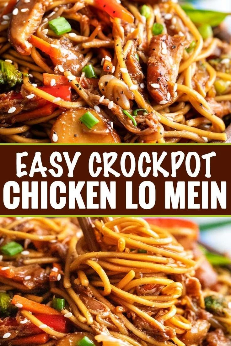 Delicious crockpot chicken lo mein served with colorful vegetables and noodles