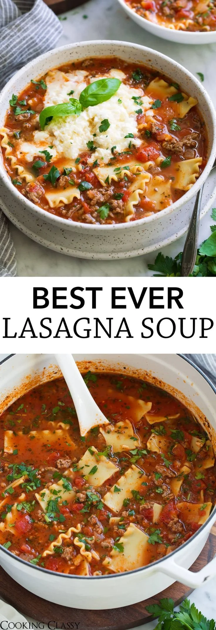Bowl of delicious lasagna soup served with fresh herbs and cheese