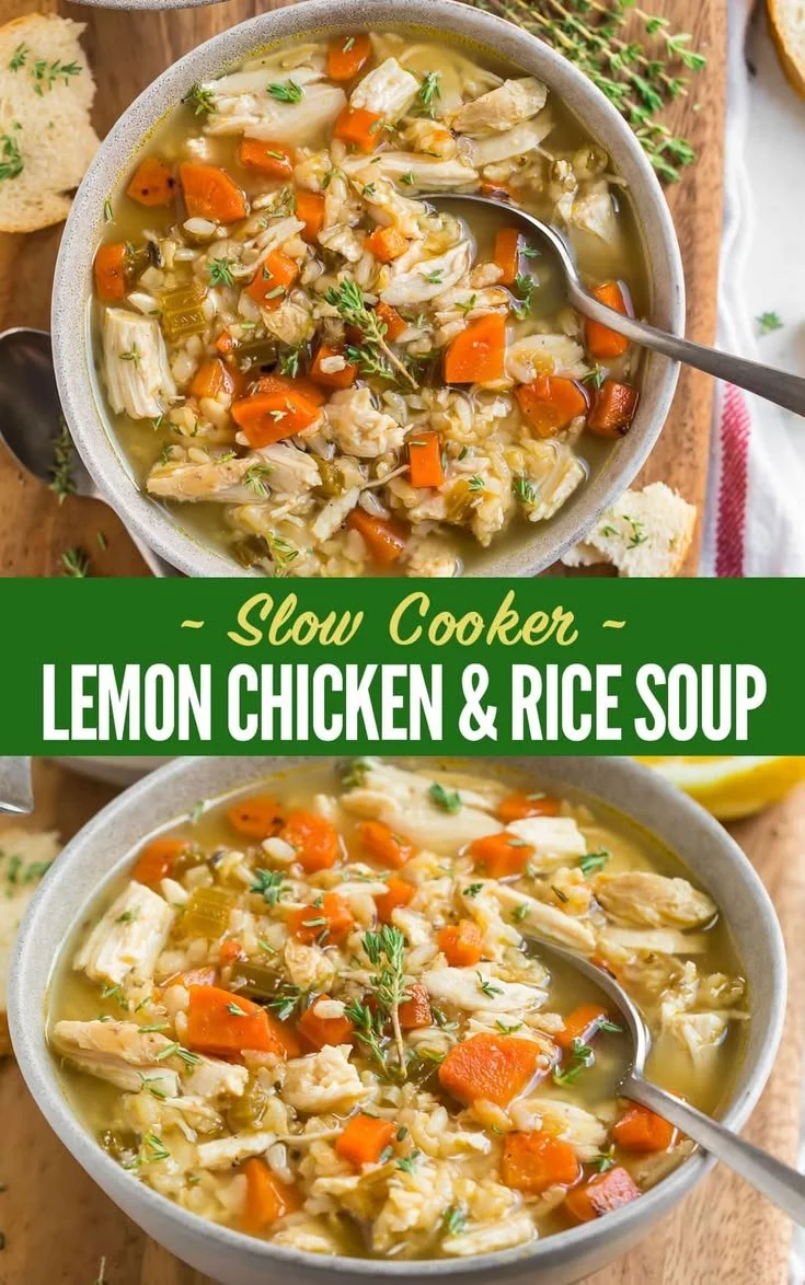 Bowl of easy and hearty crock pot chicken and rice soup, perfect comfort food.