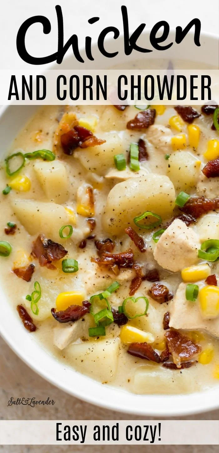 Bowl of delicious easy chicken and corn chowder topped with fresh herbs
