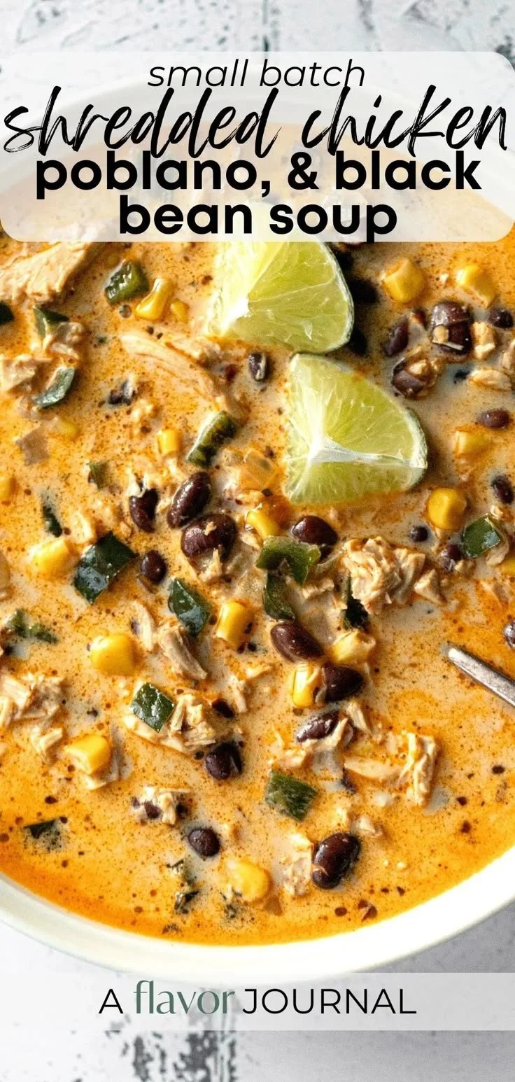 Delicious easy chicken soup with poblanos and black beans in a bowl.