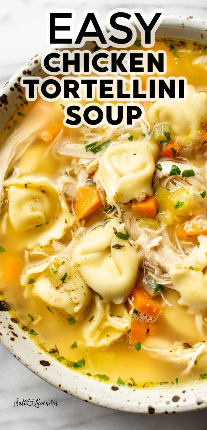 Bowl of easy chicken tortellini soup garnished with herbs