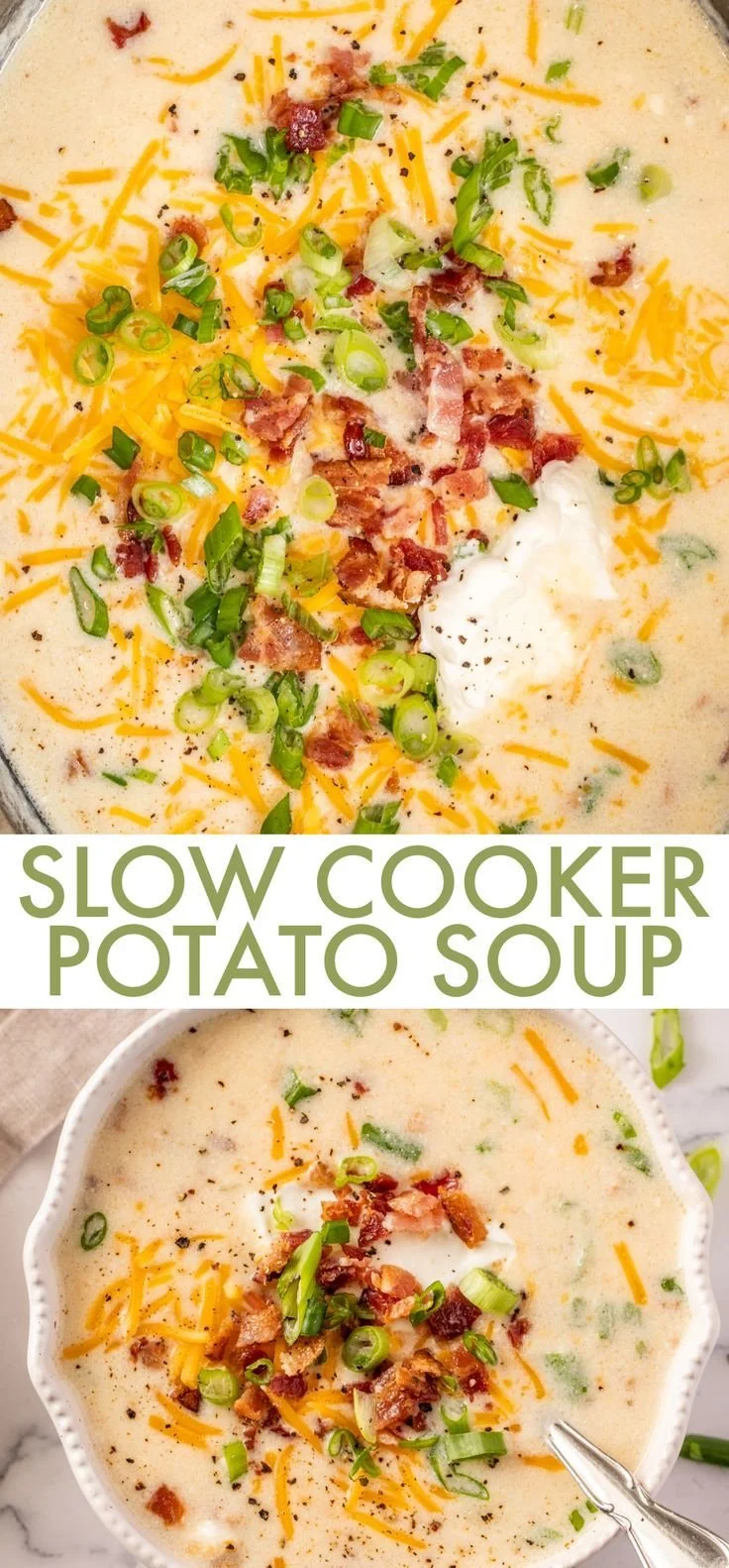 Delicious bowl of easy crockpot potato soup topped with chives and bacon.
