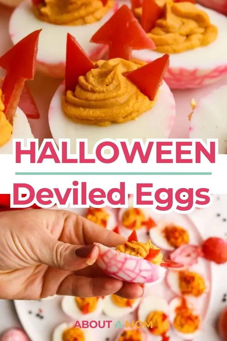 Easy Halloween deviled eggs decorated with spooky designs for Halloween parties