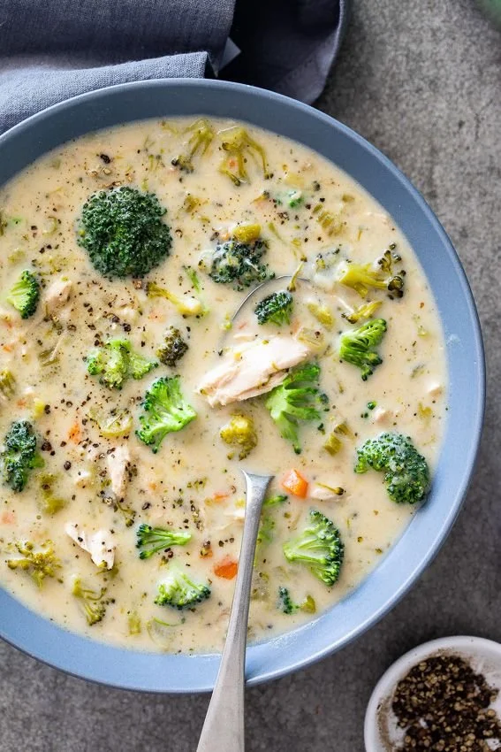 Bowl of easy and healthy chicken broccoli soup with vegetables