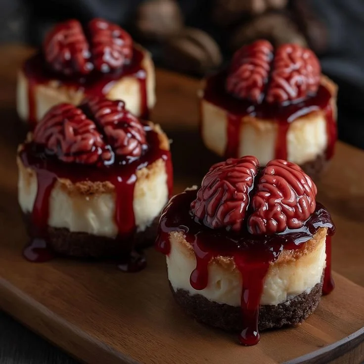 Spooky Halloween cheesecake shaped like a brain, perfect for Halloween parties.