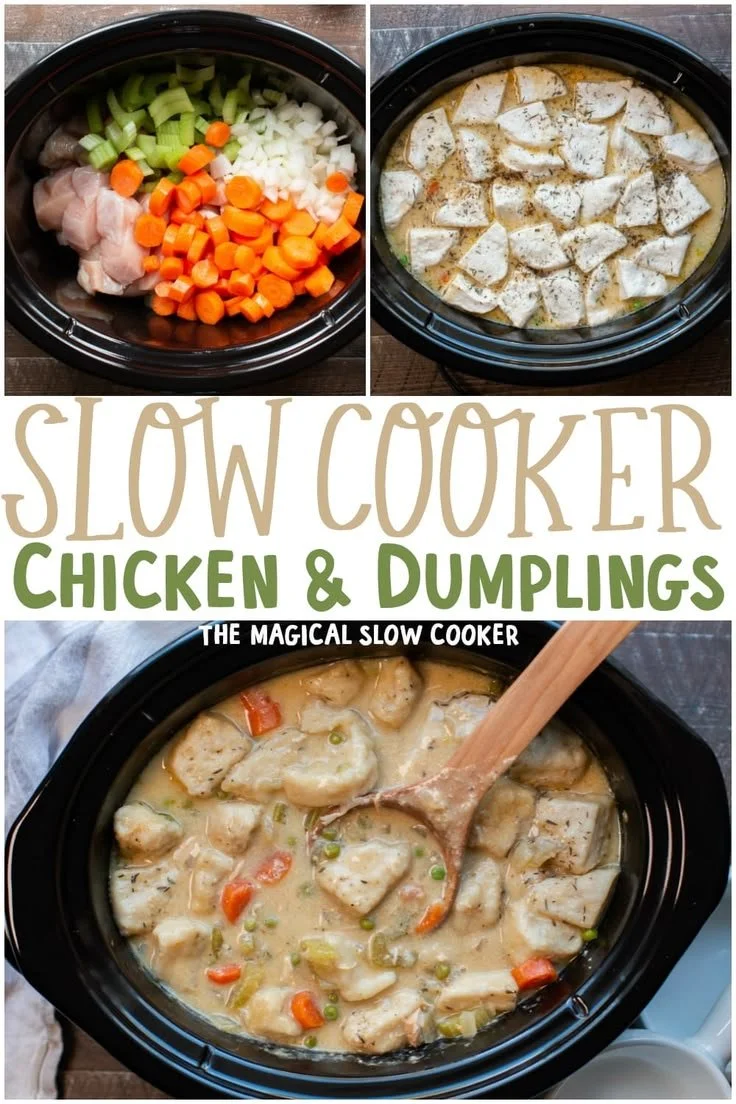 Easy slow cooker chicken and dumplings in a crockpot ready to serve.