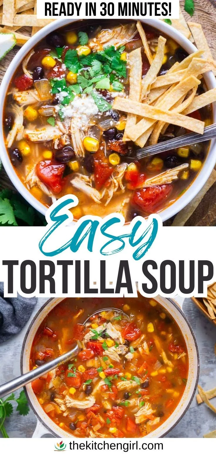 Bowl of easy tortilla soup topped with tortilla strips and cilantro