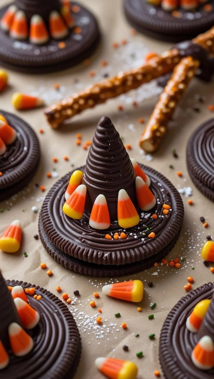 Edible witch hat and broom treats for Halloween snacks