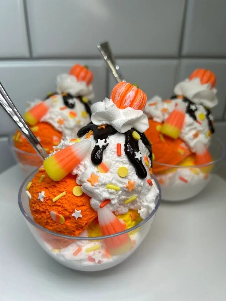 Fake Candy Corn Ice Cream Sundae decorated for Halloween fun