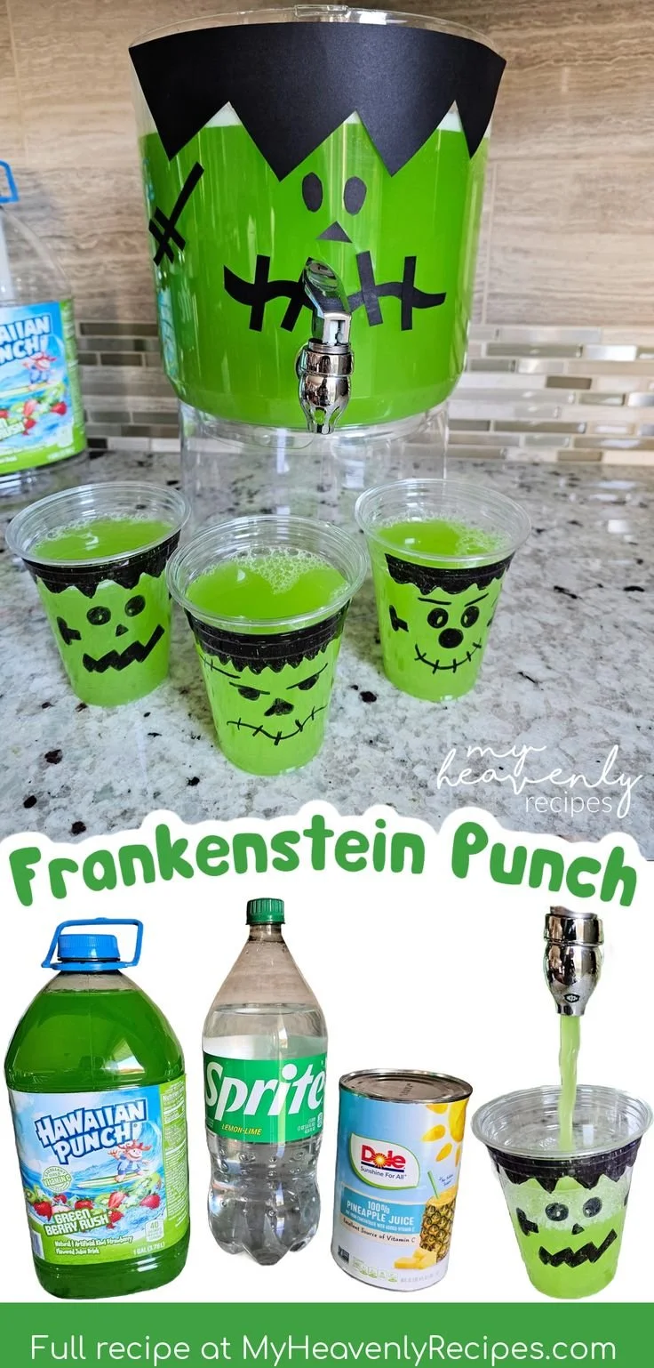 Frankenstein Green Punch in a spooky Halloween setting with festive decorations.