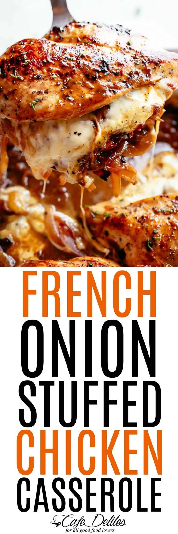 Delicious French onion stuffed chicken casserole dish ready to serve.