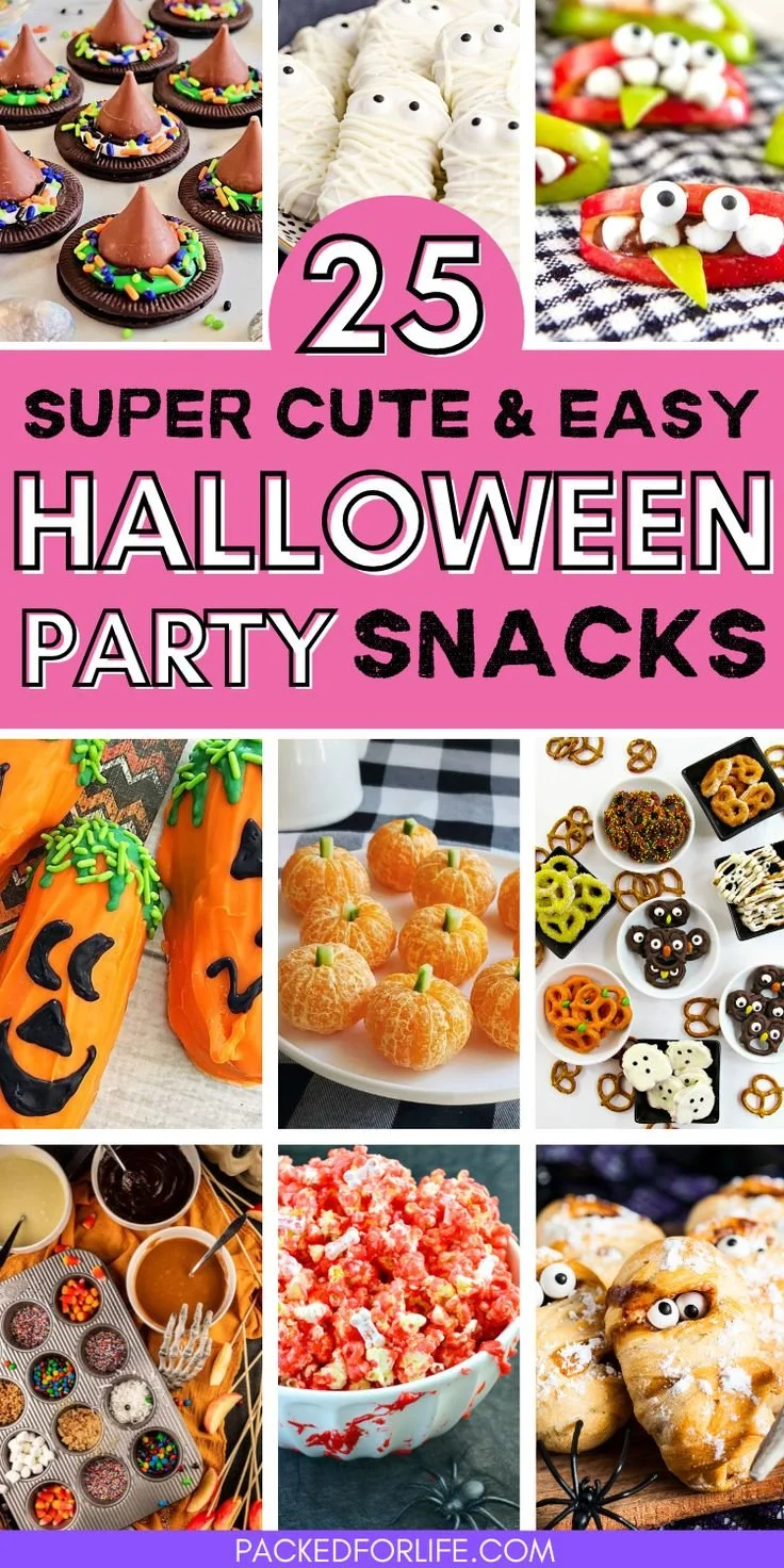 Colorful Halloween snacks and appetizers for a festive party celebration.