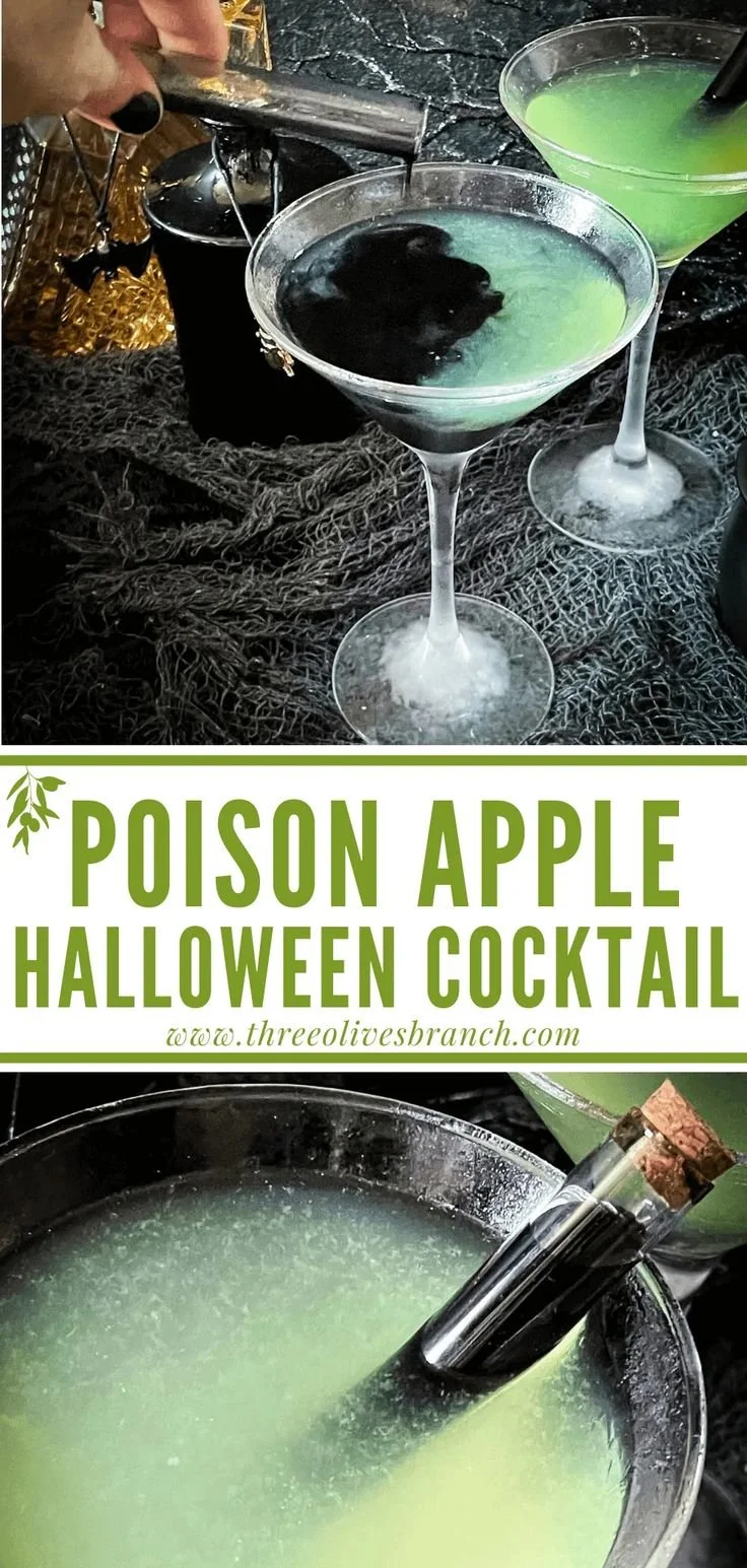 Halloween cocktails featuring gel wax candles in martini glasses and poison apple martinis.