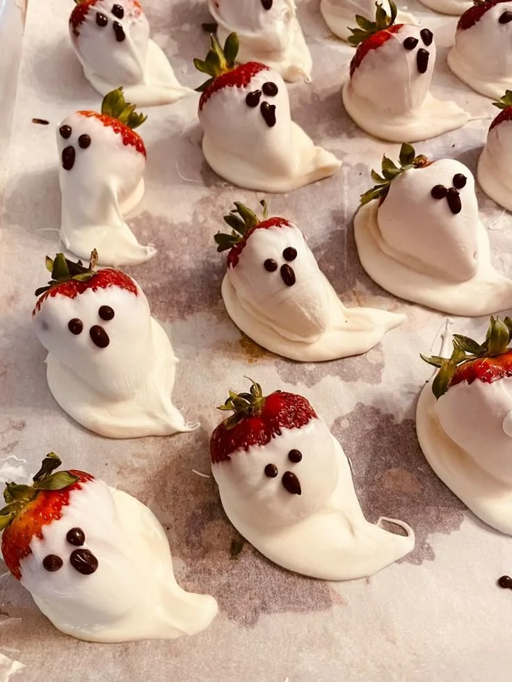 Delicious ghost covered strawberries for Halloween treats.