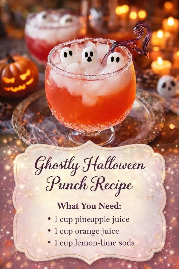 Ghostly Halloween punch served in spooky themed glasses with decorations