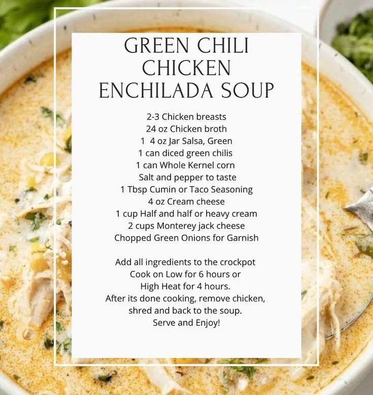 Delicious green chili chicken soup with enchiladas and green chilis