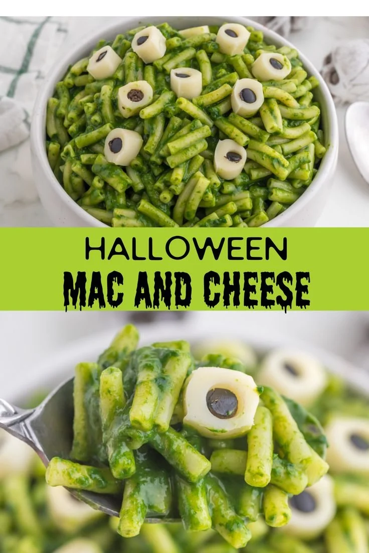 Green Halloween Mac and Cheese dish for festive celebrations