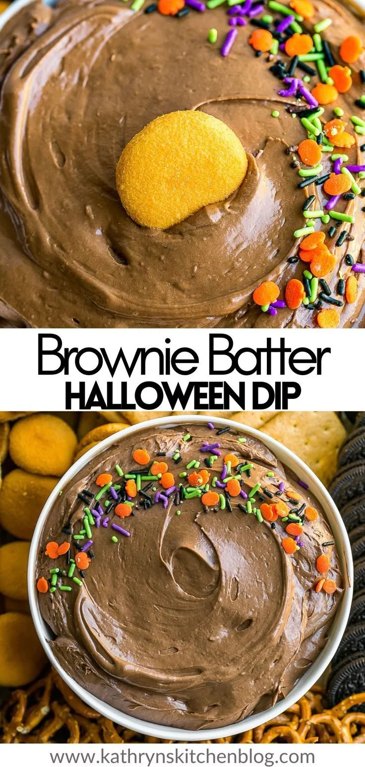 Halloween Brownie Batter Dip served in a festive bowl with spooky decorations