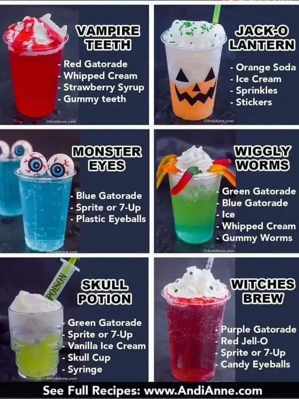 Colorful Halloween drink ideas for kids and teens at a festive party