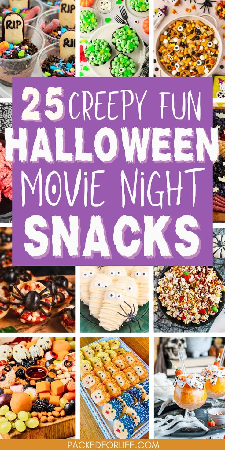 A variety of Halloween snacks for a movie party, featuring spooky-themed treats.