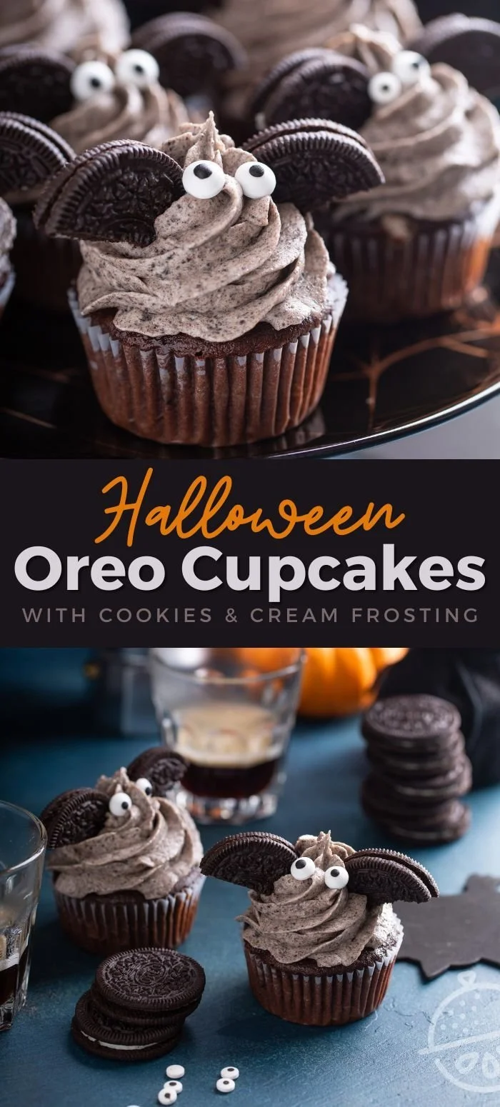 Halloween Oreo Cupcakes with cream and Oreo toppings