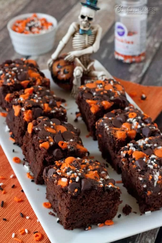 Halloween Pumpkin Brownies made from box mix, topped with autumn spices.