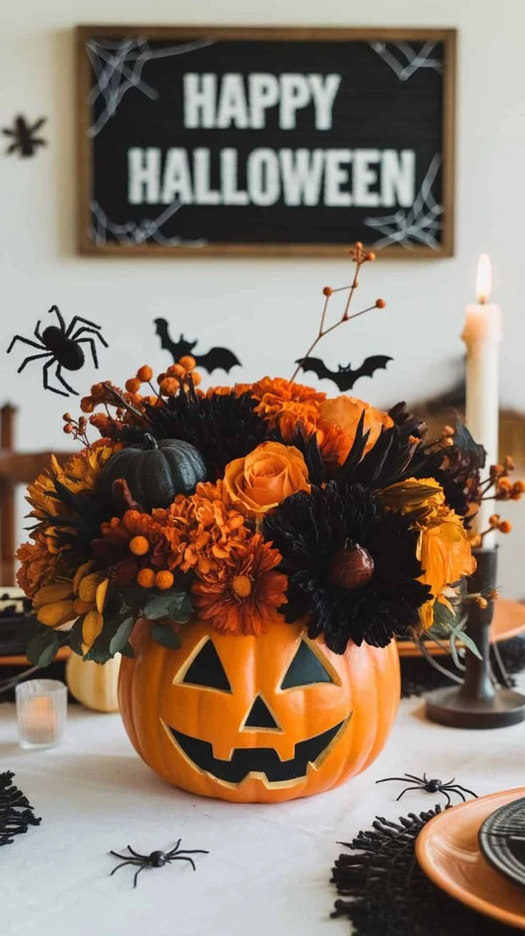 Scary beautiful Halloween pumpkin flower arrangements showcasing vibrant colors and designs.