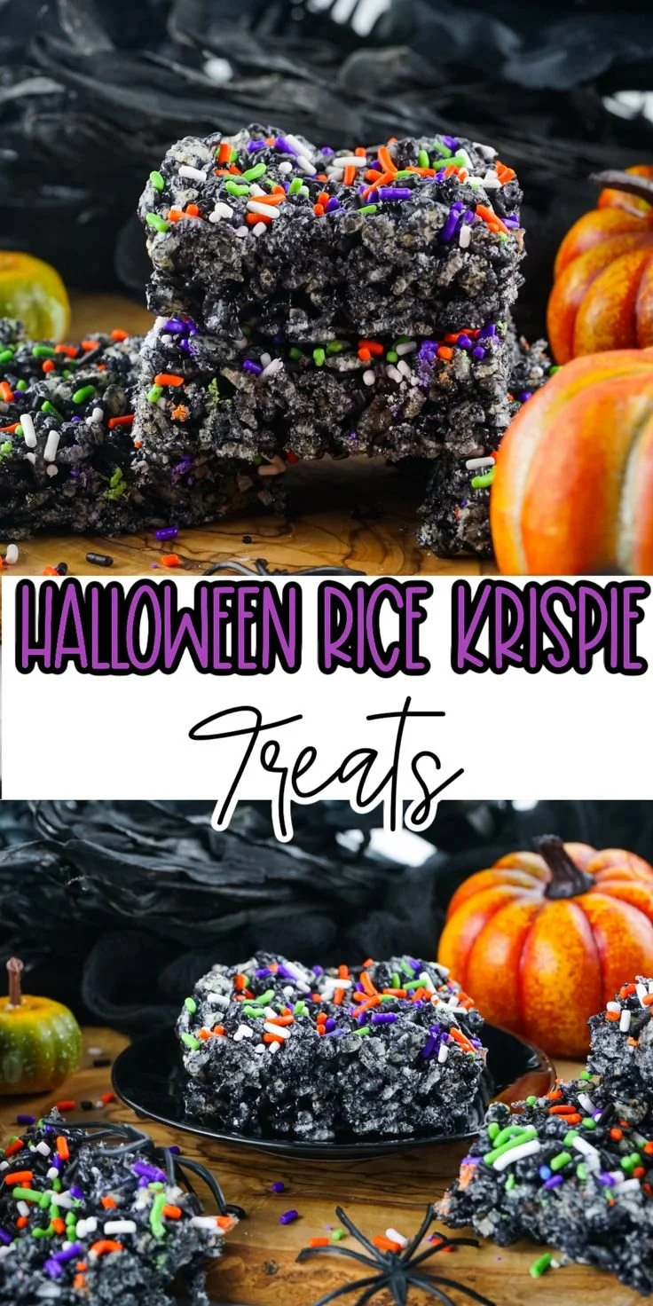 Spooky Halloween Rice Krispie Treats decorated with ghosts and pumpkins
