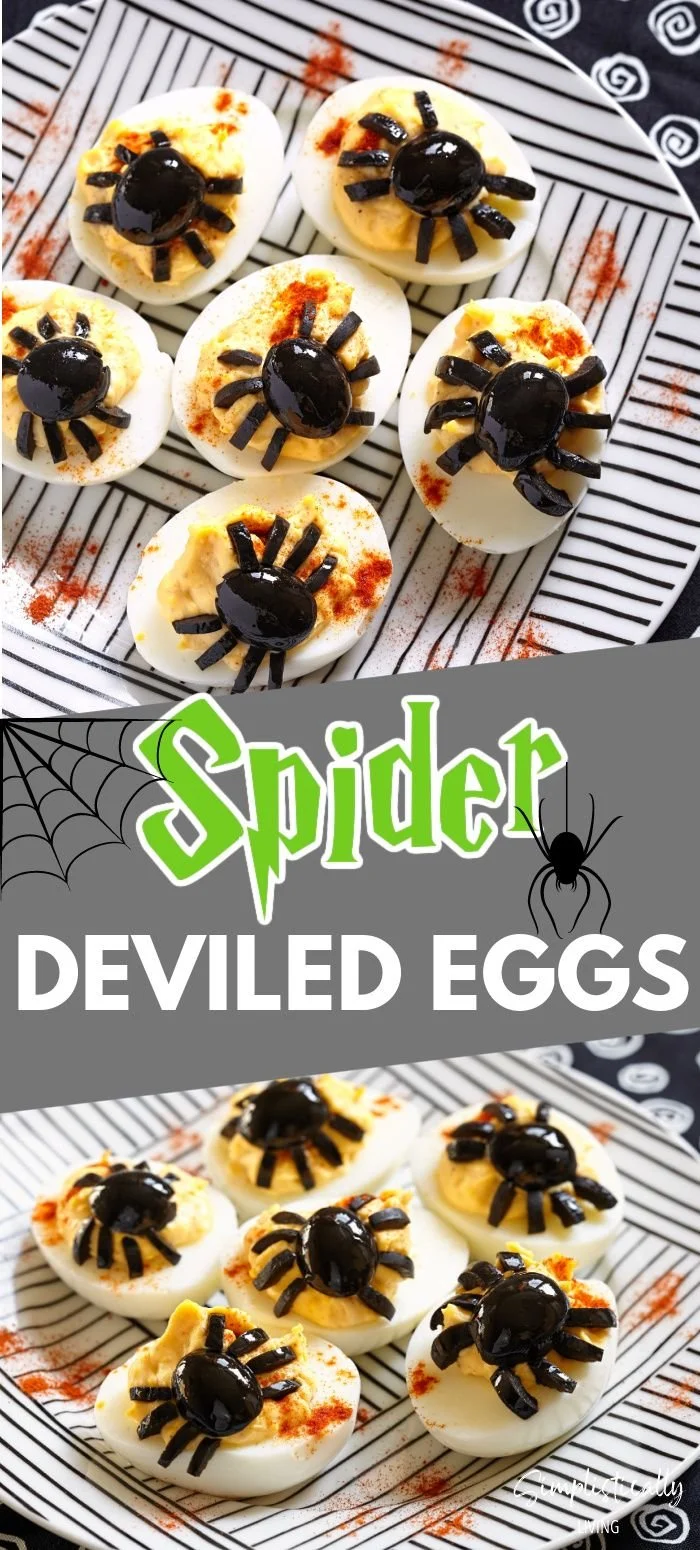 Halloween Spider Deviled Eggs served on a spooky platter