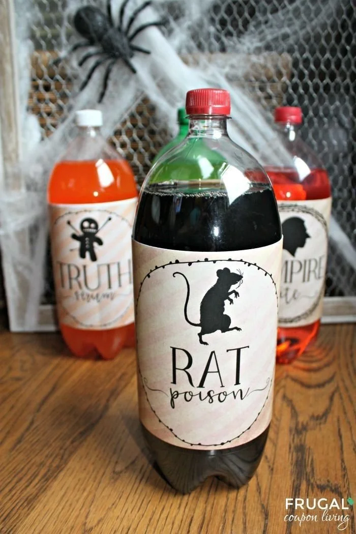 Spooky Halloween drink labels for festive soda and beverages.