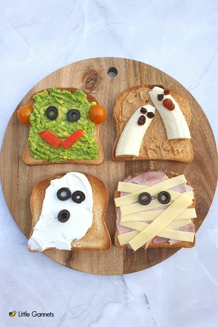 Spooky Halloween toast with ghostly toppings and festive decorations.